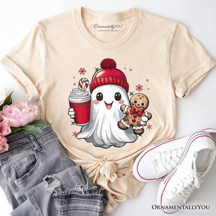 Cute Ghost Christmas T‑Shirt, Adorable Gingerbread and Cocoa Holiday Tee T-Shirts OrnamentallyYou Natural XS 