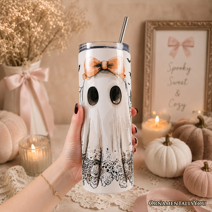Cute Lace Ghost Coquette 20oz Personalized Tumbler With Lid and Stainless Steel Straw, Floral Vintage Halloween Gift Cup