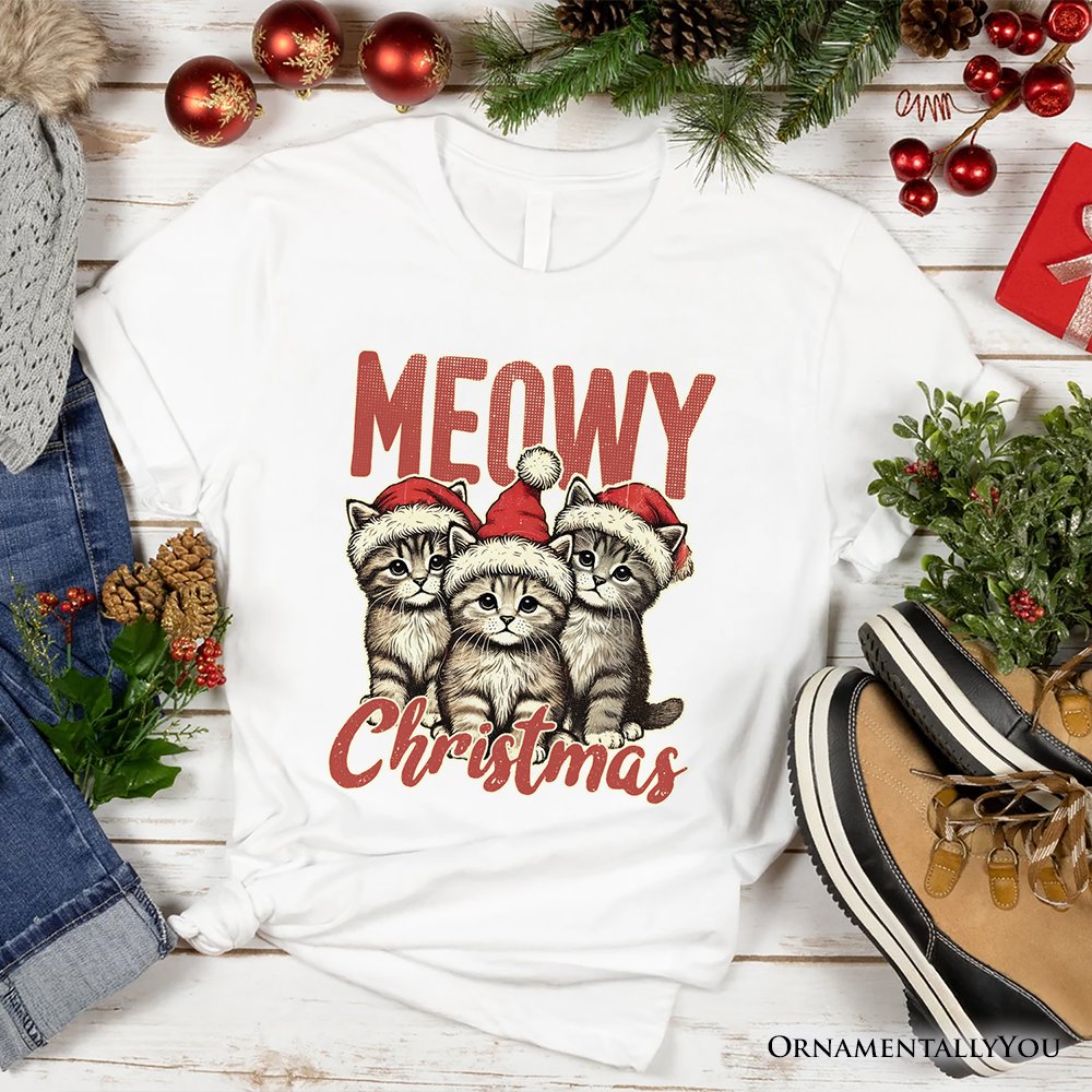Cute Meowy Christmas T-Shirt, Baby Cat In Santa Hat Holiday Tee T-Shirts OrnamentallyYou White XS 