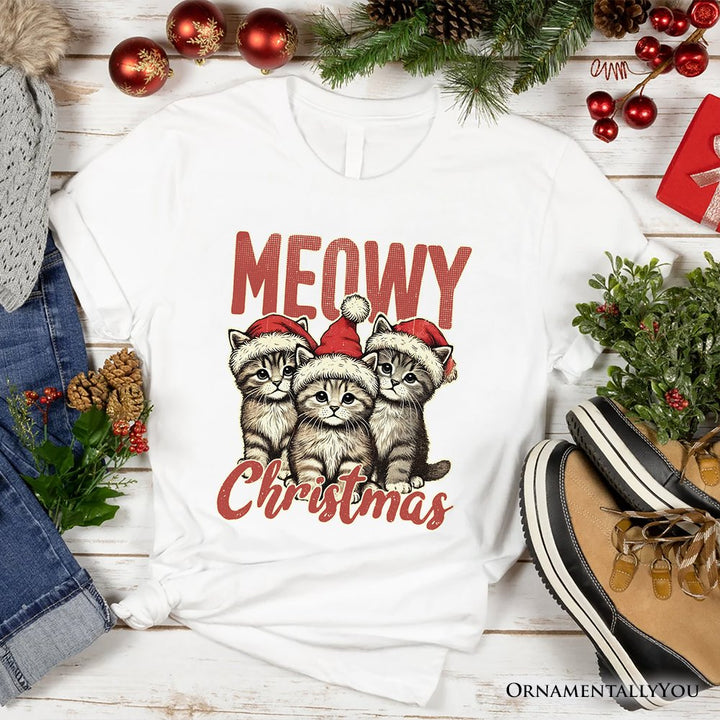 Cute Meowy Christmas T-Shirt, Baby Cat In Santa Hat Holiday Tee T-Shirts OrnamentallyYou White XS 
