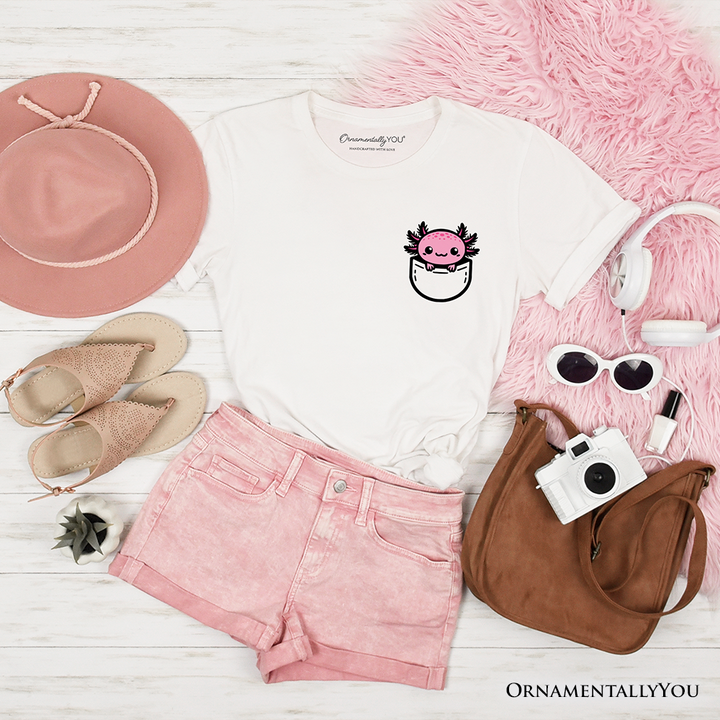Cute Pocket Pink Axolotl T-Shirt, Salamander Animal Tee