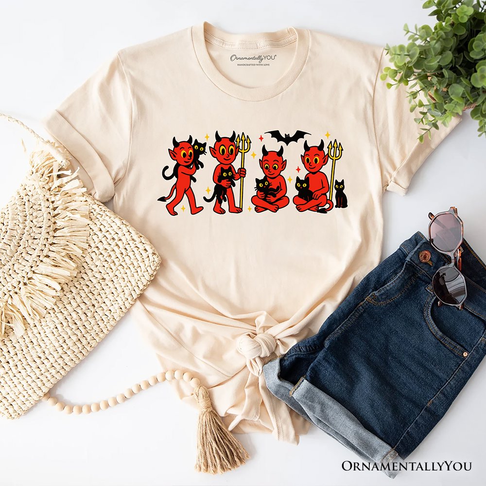 Cute Red Devils and Cats T-Shirt, Vintage Halloween Tee T-Shirts OrnamentallyYou Natural XS 