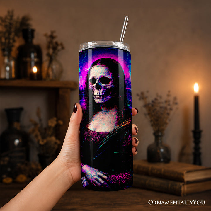 Cyberpunk Skeleton Mona Lisa Glitch 20oz Personalized Tumbler With Lid and Stainless Steel Straw, Neon Synthwave Art Gift Cup