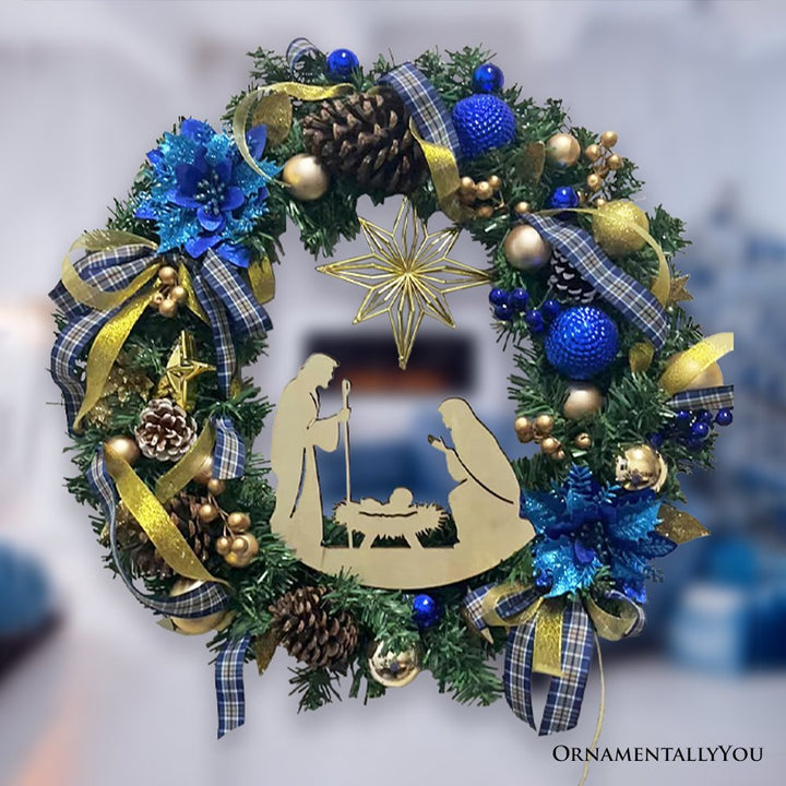 (Pre-Order) Decorous Nativity Christmas Wreath, Blue and Gold Ribbons and Poinsettias Birth of Christ Door Decoration Wreath OrnamentallyYou 