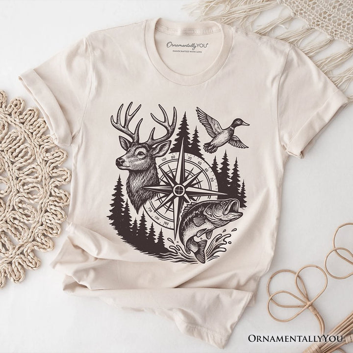 Deer Duck Fishing Hunting T-Shirt, Camo Vintage Compass Outdoors Tee T-Shirts OrnamentallyYou Natural XS 