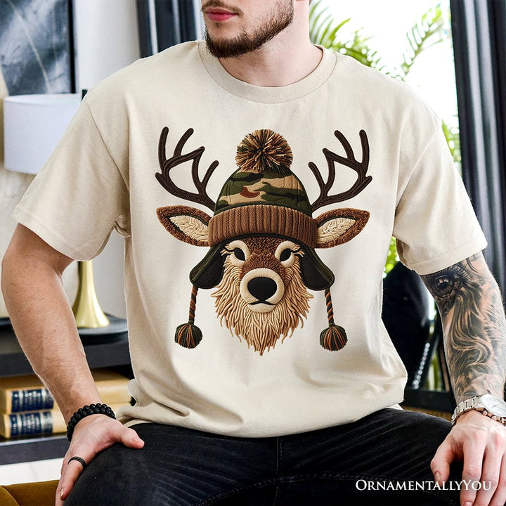 Deer Head Camo Hat Christmas T-Shirt, Imitation Latch Hook Yarn Cozy Hunting Season Tee T-Shirts OrnamentallyYou 