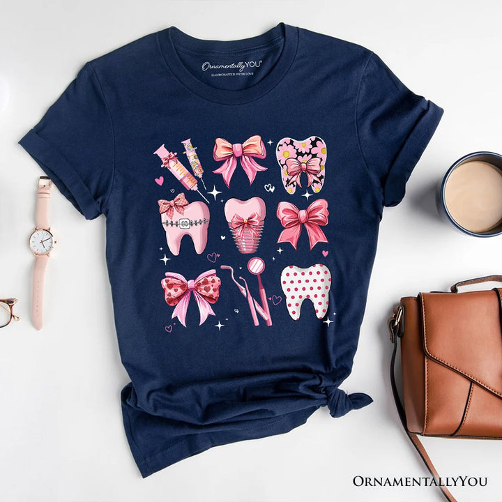 Dental Squad Coquette T-Shirt, Pink Teeth Dentist Life Bow Tee T-Shirts OrnamentallyYou Navy XS 