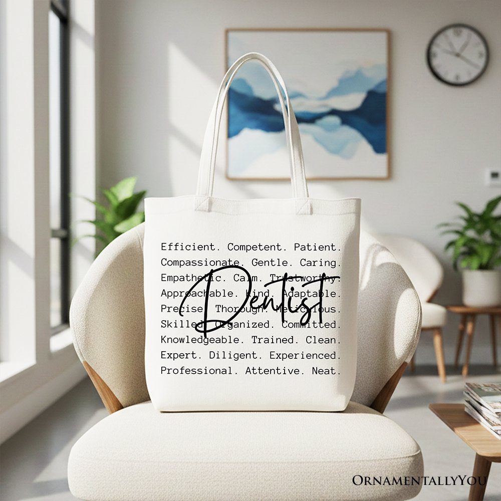 Dentist Definition Canvas Tote Bag, Dental Appreciation Words Gift Shopper Tote Bag OrnamentallyYou White 