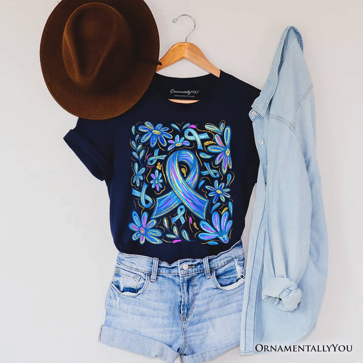 Diabetes Blue Ribbon Floral T-Shirt, Awareness Support Tee T-Shirts OrnamentallyYou Navy XS 