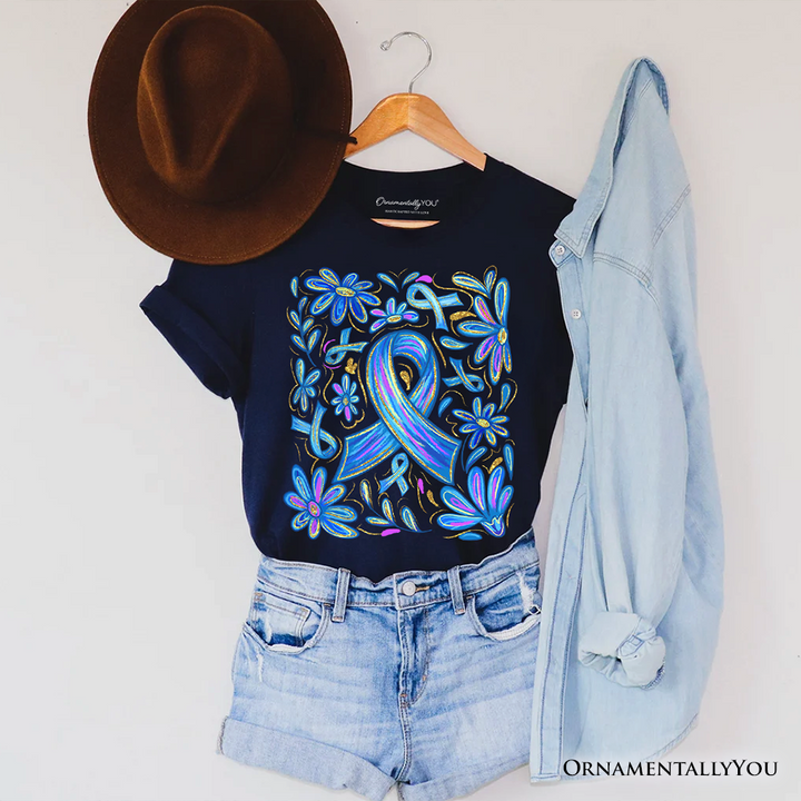 Diabetes Blue Ribbon Floral T-Shirt, Awareness Support Tee