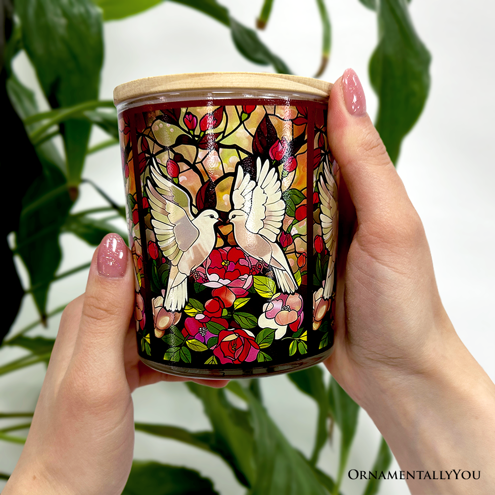 Doves Faux Stained Glass LED Tea Light Candle, Graceful Bird Tabletop Decor With Soft Glow