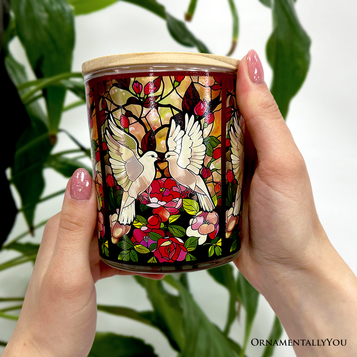 Doves Faux Stained Glass LED Tea Light Candle, Graceful Bird Tabletop Decor With Soft Glow