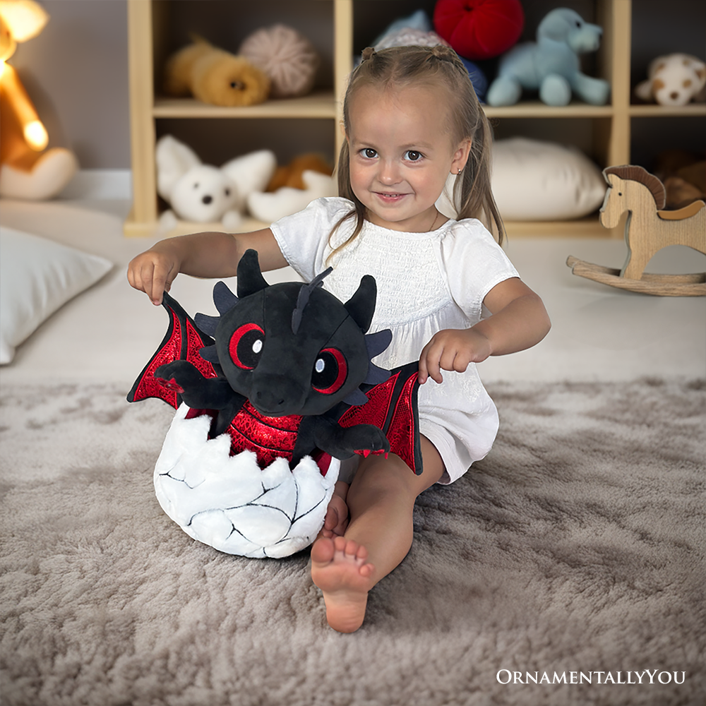 (Pre-Order) Drogo the Dino in an Egg Plushie, 12" Black and Red Dinosaur Stuffed Animal Gift for Boys and Teens
