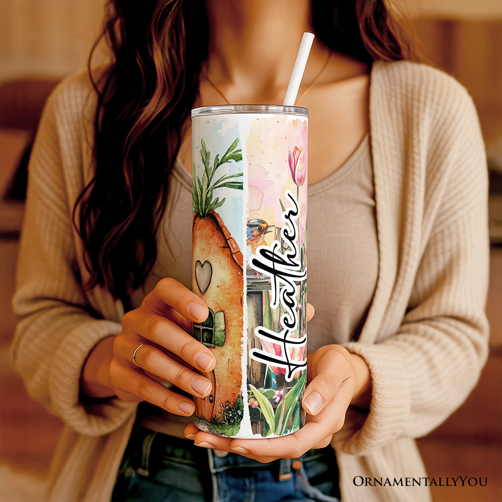 Easter Bunny Floral Brushstroke 20oz Personalized Tumbler With Lid and Stainless Steel Straw, Spring Pastel Coquette Travel Mug Gift