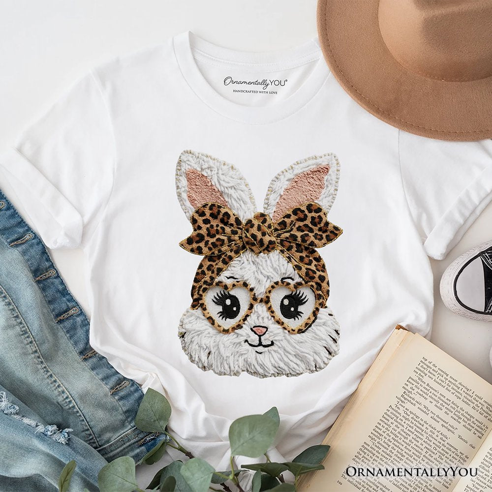 Easter Bunny Leopard Bow T-Shirt, Coquette Printed Faux Embroidery Girly Spring Tee T-Shirts OrnamentallyYou White XS 