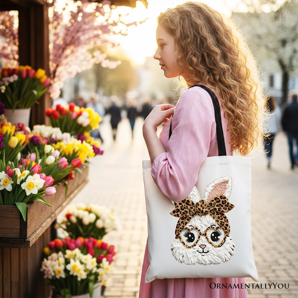 Easter Bunny Leopard Bow Tote Bag, Coquette Printed Faux Embroidery Girly Spring Gift Shopper Tote Bag OrnamentallyYou 