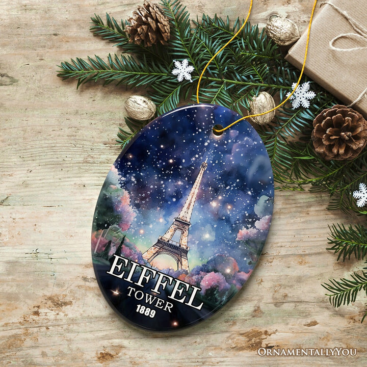 Eiffel Tower Majestic Night View Christmas Ornament, France Souvenir and Gift Ceramic Ornament OrnamentallyYou Oval 