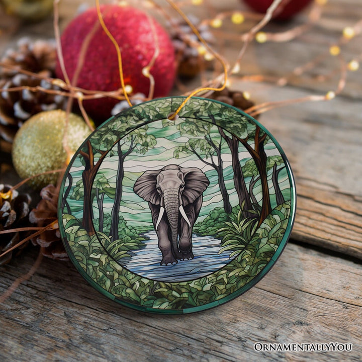 Elephant Elegance Stained Glass Style Ceramic Ornament, African Animals Christmas Gift and Decor Ceramic Ornament OrnamentallyYou 