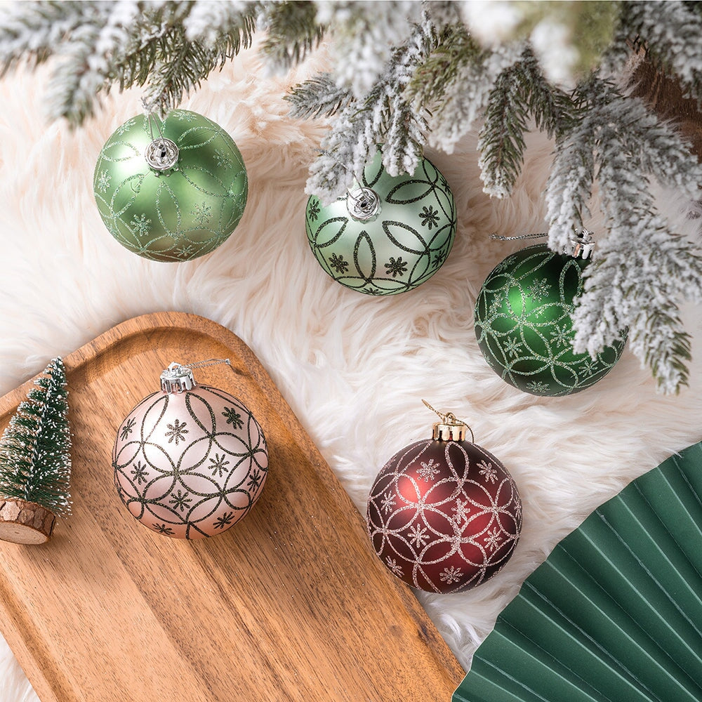 Enchanting Subtle Nature Ornament Bundle, Set of 6 Pine Green, Light Green, Mint Green, Pink and Matte Red Baubles Ornament Bundle OrnamentallyYou 