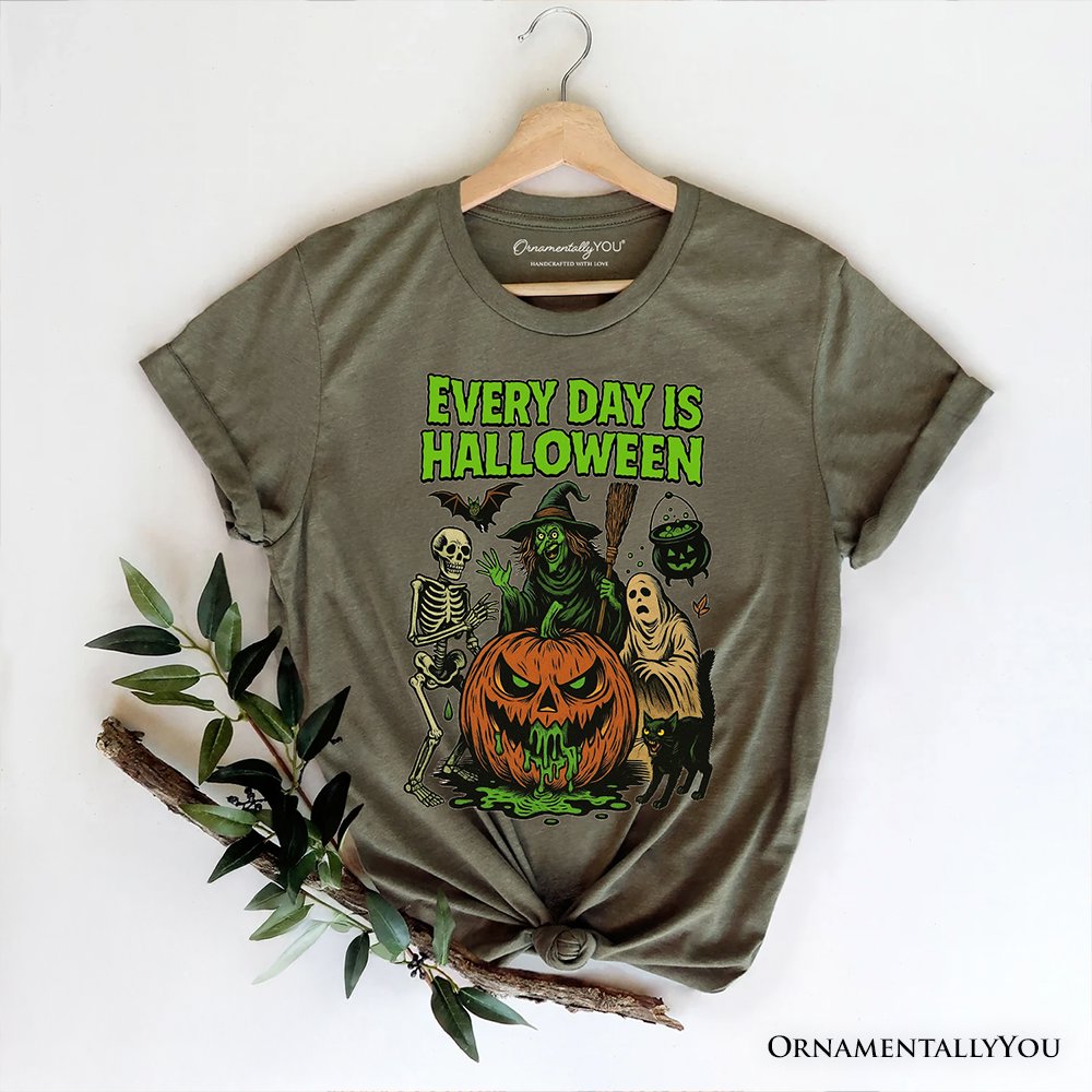 Every Day Is Halloween T-Shirt, Vintage Pumpkin Witch Spooky Tee for Eternal Spook Enthusiasts T-Shirts OrnamentallyYou Military Green XS 