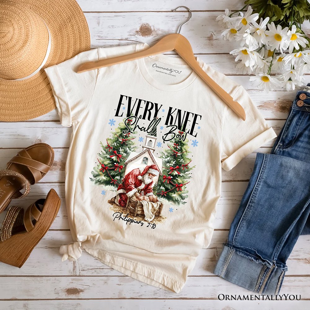 Every Knee Shall Bow Nativity Santa T-Shirt, Jesus Philippians 2:10 Christian Christmas Tee T-Shirts OrnamentallyYou Natural XS 