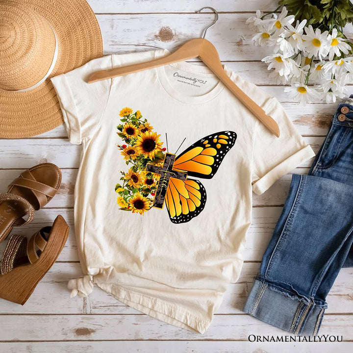 Faith Cross Butterfly T-Shirt, Christian Sunflower Floral Tee T-Shirts OrnamentallyYou Natural XS 