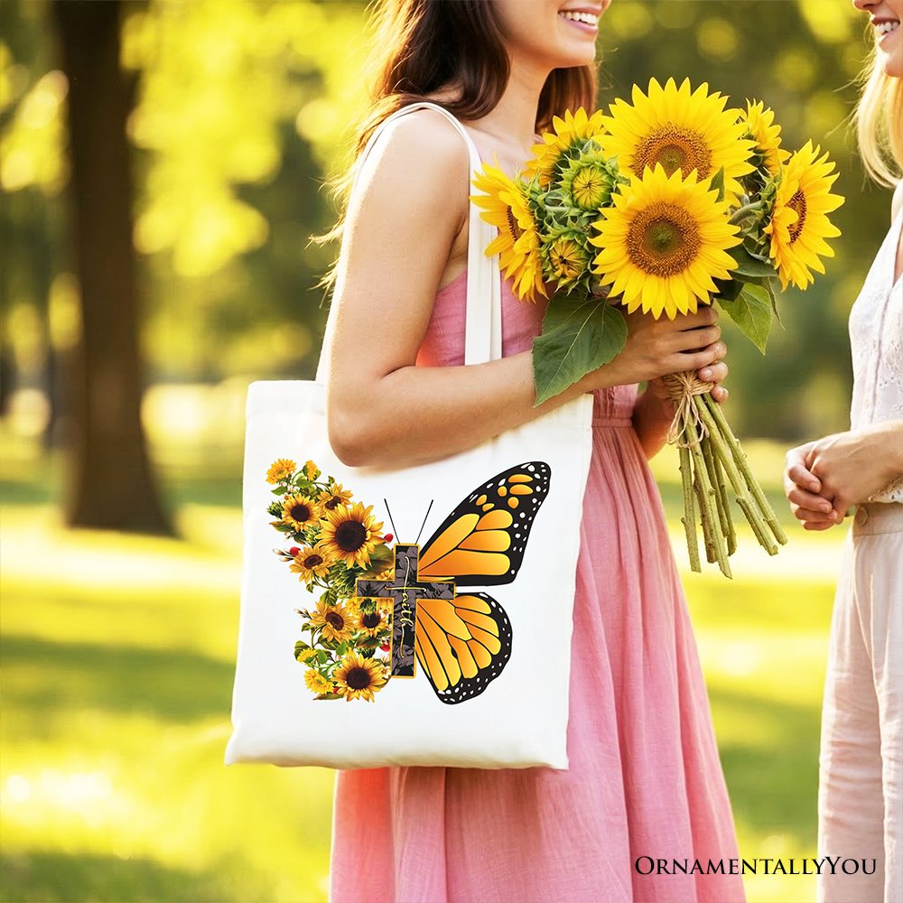 Faith Cross Butterfly Tote Bag, Christian Sunflower Floral Gift Shopper Tote Bag OrnamentallyYou 
