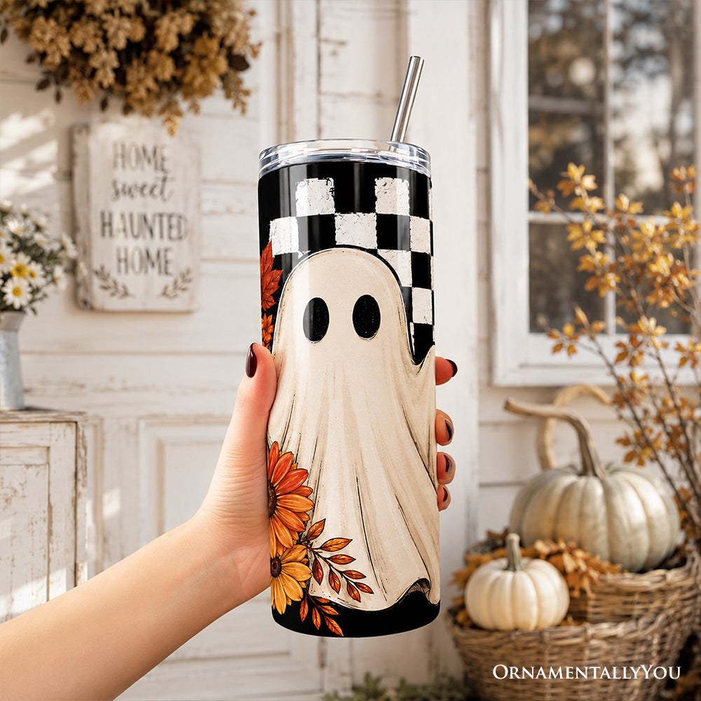 Fall Ghost Checkerboard 20oz Personalized Tumbler With Lid and Stainless Steel Straw, Floral Halloween Season Gift Cup