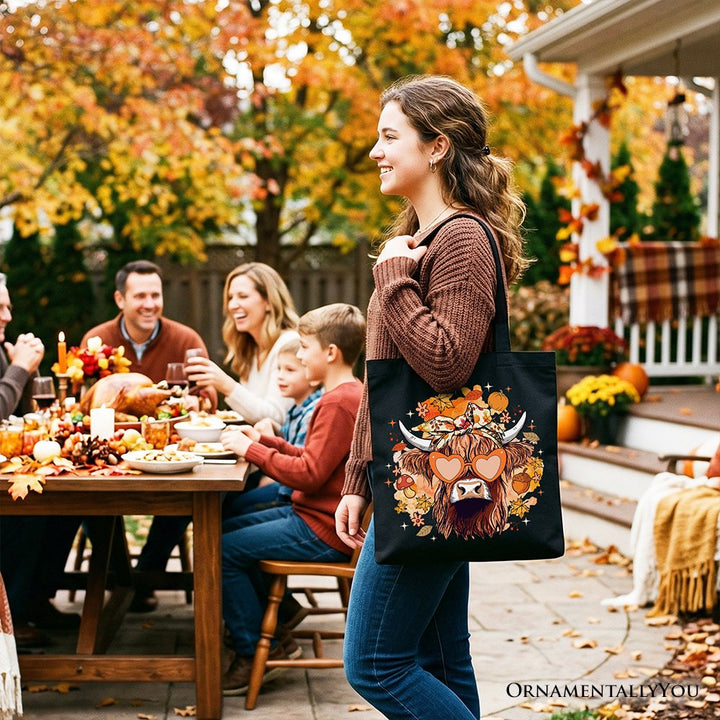 Fall Highland Cow Tote Bag, Messy Bun Howdy Gift Shopper with Autumn Vibes Tote Bag OrnamentallyYou 