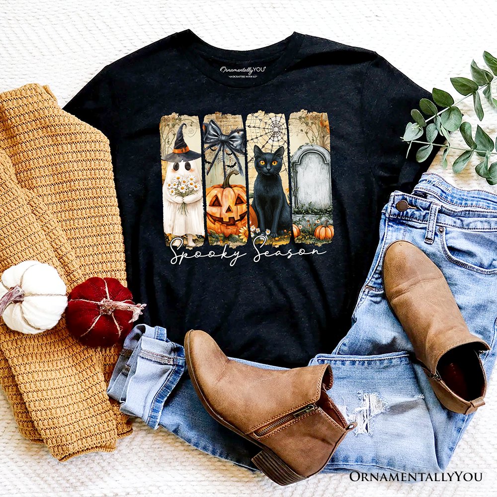 Fall Spooky Season Brushstroke T-Shirt, Coquette Vintage Ghost, Cat and Pumpkin Tee T-Shirts OrnamentallyYou Black XS 