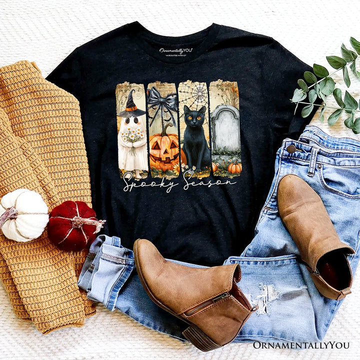Fall Spooky Season Brushstroke T-Shirt, Coquette Vintage Ghost, Cat and Pumpkin Tee T-Shirts OrnamentallyYou Black XS 