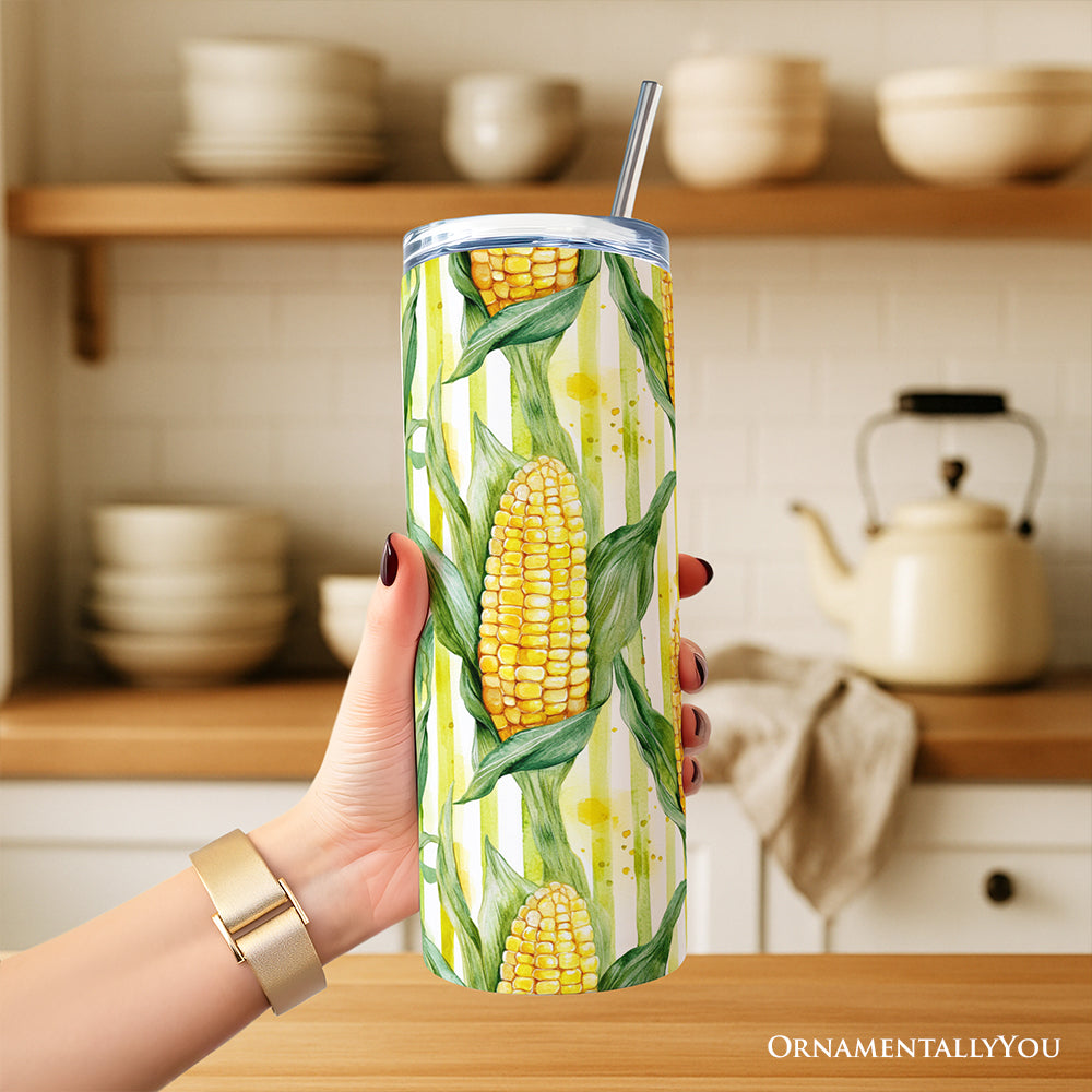 Farm Fresh Corn Pattern 20oz Personalized Tumbler With Lid and Stainless Steel Straw, Rustic Country Harvest Gift Cup