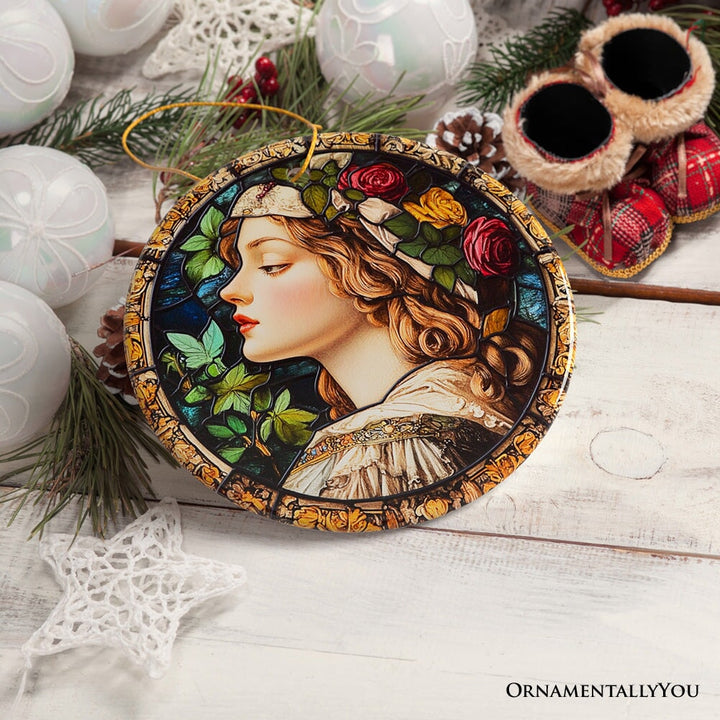 Feminine Beauty in Renaissance Italy Stained Glass Ornament, Artistic Medieval Christmas Gift Ceramic Ornament OrnamentallyYou 