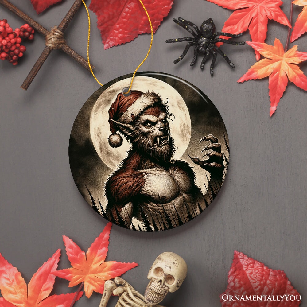 Ferocious Werewolf with Santa Hat Ornament, Terrifying Holiday Gift for Halloween Lovers Ceramic Ornament OrnamentallyYou Circle Version 2 