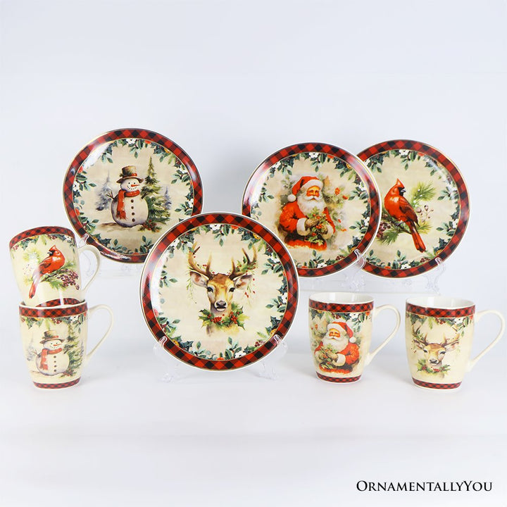 (Pre-Order) Festive Country Plaid Set of 4 Ceramic Mugs with Real Gold Trim, Christmas Kitchen Coffee Cup Gift with Santa, Cardinal, Deer, and Snowman Mug Sets OrnamentallyYou 