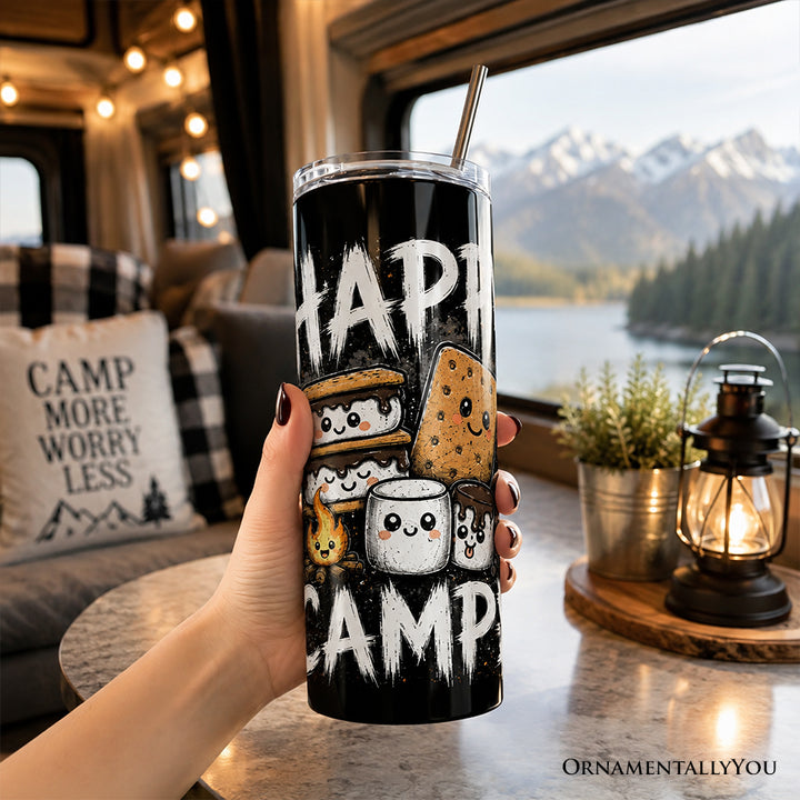 Fireside Snacks Happy Camper 20oz Personalized Tumbler With Lid and Stainless Steel Straw, Funny Outdoor Campfire Gift Cup