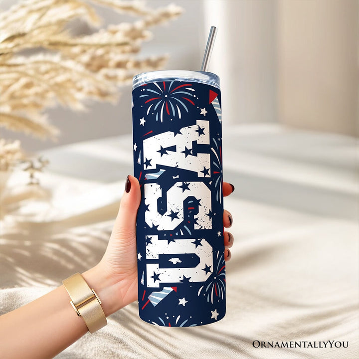 Fireworks USA Block Letters 20oz Personalized Tumbler With Lid and Stainless Steel Straw, Vintage July 4th Patriotic Gift Cup Tumbler OrnamentallyYou 