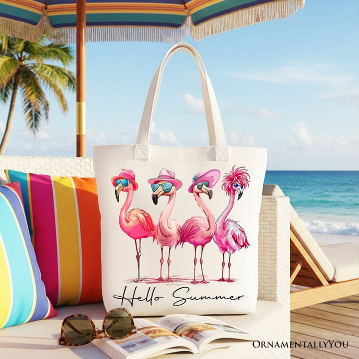 Flamingo Hello Summer Canvas Tote Bag, Retro Gift Shopper with Tropical Birds Tote Bag OrnamentallyYou White 