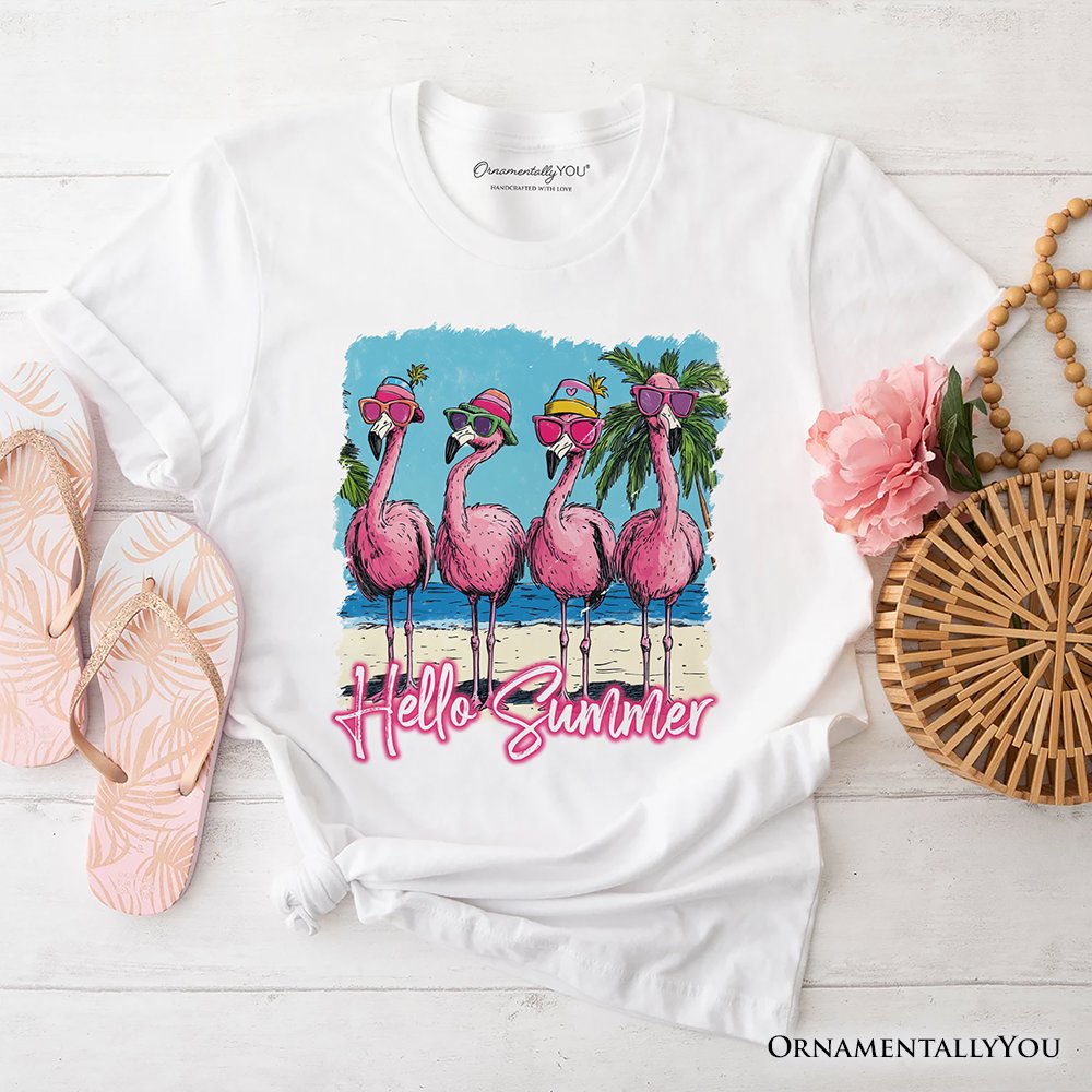 Flamingo Hello Summer T-Shirt, Tropical Beach Vacation Tee T-Shirts OrnamentallyYou White XS 