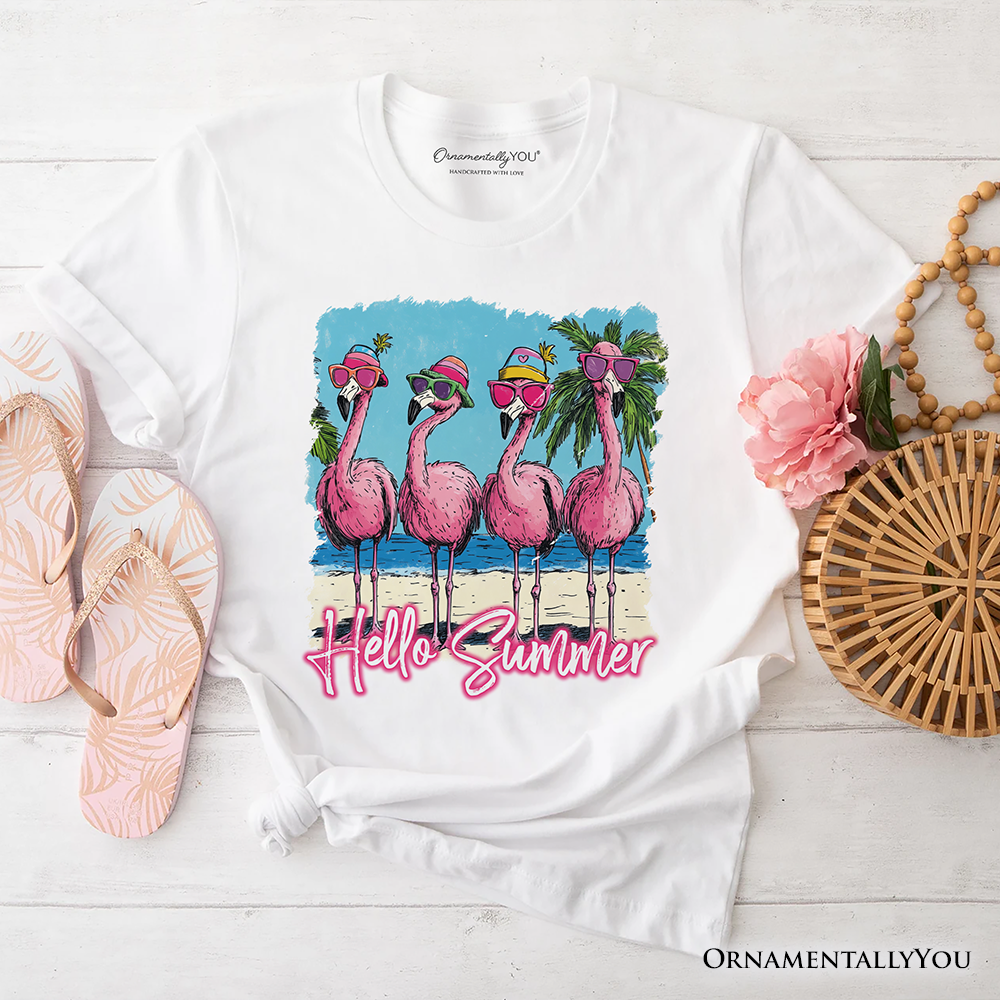 Flamingo Hello Summer T-Shirt, Tropical Beach Vacation Tee