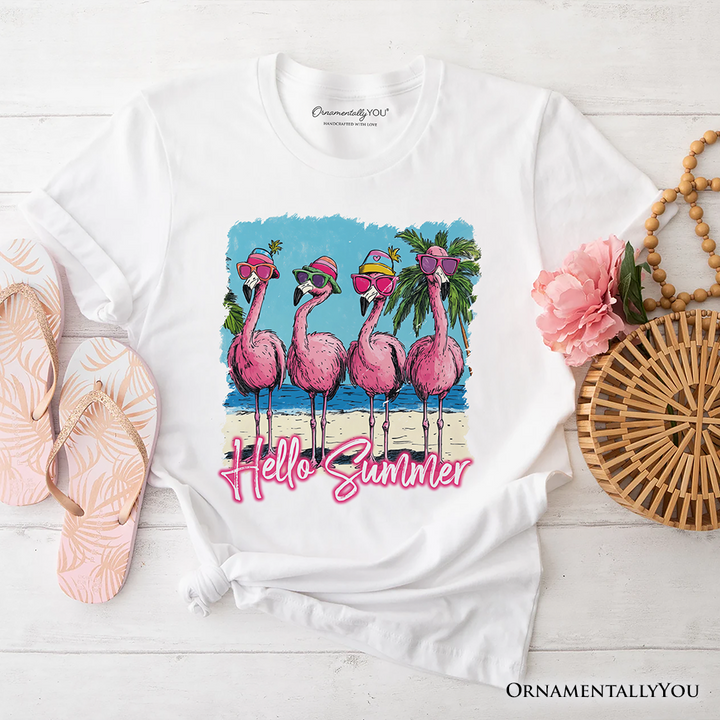 Flamingo Hello Summer T-Shirt, Tropical Beach Vacation Tee