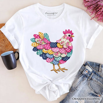 Floral Chicken Printed Faux Patchwork T-Shirt, Coquette Hen Farmhouse Tee T-Shirts OrnamentallyYou White XS 