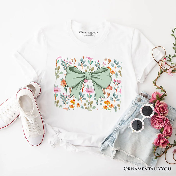 Floral Coquette Bow T-Shirt, Cute Spring Preppy Girly Flowers Tee T-Shirts OrnamentallyYou White XS 