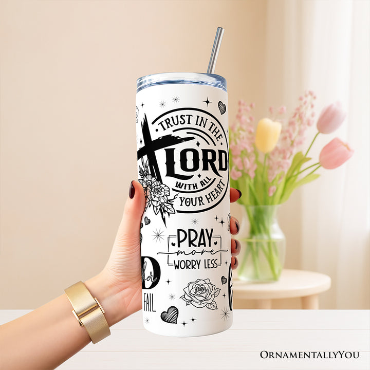 Floral Cross Bible Verses 20oz Personalized Tumbler With Lid and Stainless Steel Straw, Vintage Christian Affirmation Gift Cup