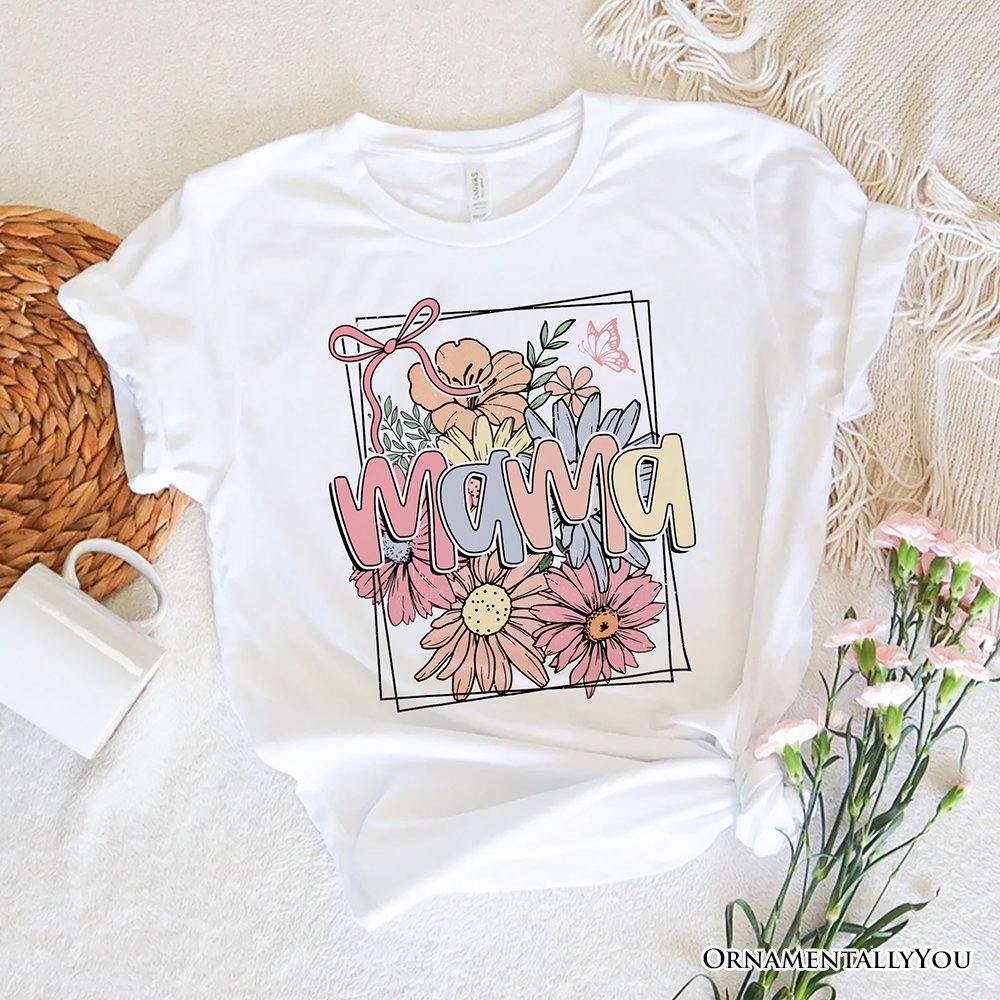 Floral Mama Coquette Bow Pastel T-Shirt, White and Natural Boho Tee With Spring Flower T-Shirts OrnamentallyYou White XS 
