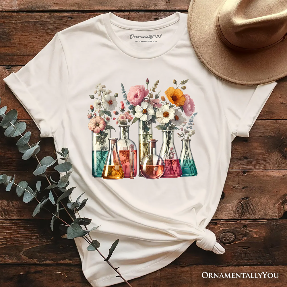 Floral Science Lab Beakers T-Shirt, Flowers Chemistry Scientist Tee