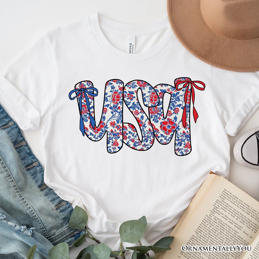 Floral USA Patriotic T-Shirt, 4th of July White, Natural and Black Tee for Stylish Women T-Shirts OrnamentallyYou White XS 
