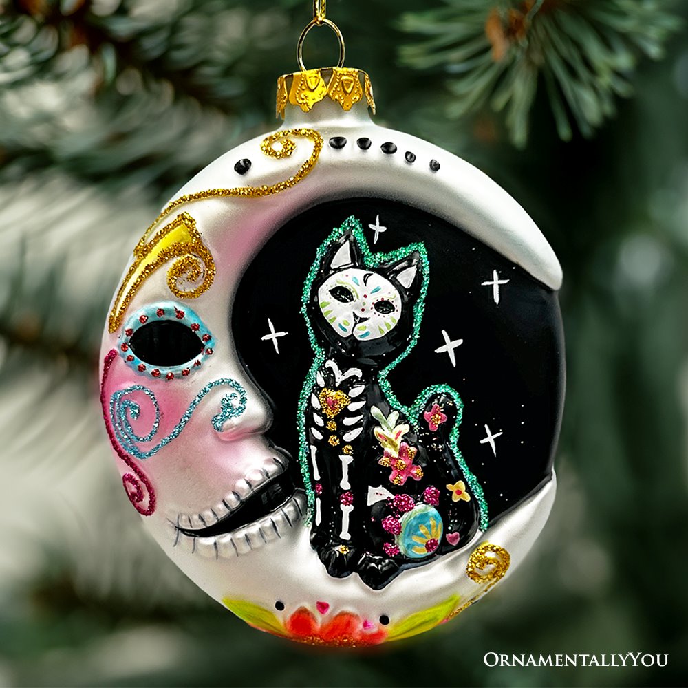 (Pre-Order) Folkloric Siamese Cat Sugar Skull Glass Ornament, Celestial Crescent Moon Halloween Decor Glass Ornament OrnamentallyYou 