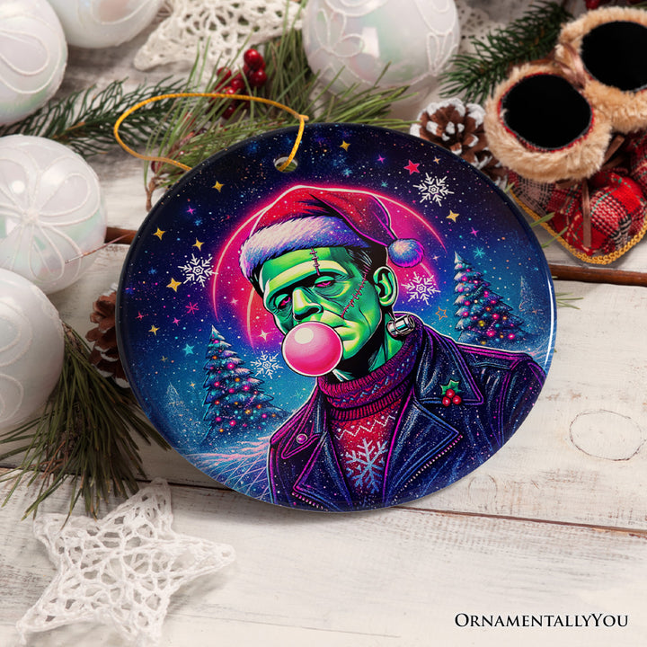 Frankenstein Christmas Vaporwave Ornament, Retro Neon Holiday Gift and Tree Decor