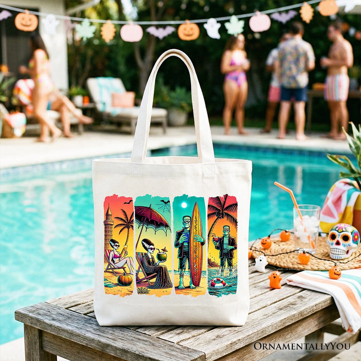 Frankenstein's Beach Vacation Tote Bag, Retro Neon Surf Style Gift Shopper for Horror Fans with Summer Vibes Tote Bag OrnamentallyYou White 